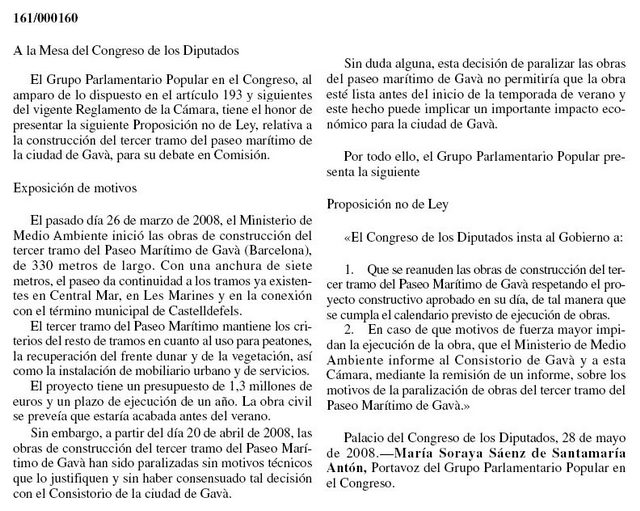Proposición no de Ley presentada por el PP en el Congreso de los Diputados para que sigan adelante las obras del paseo marítimo de Gavà Mar (28 de Mayo de 2008)